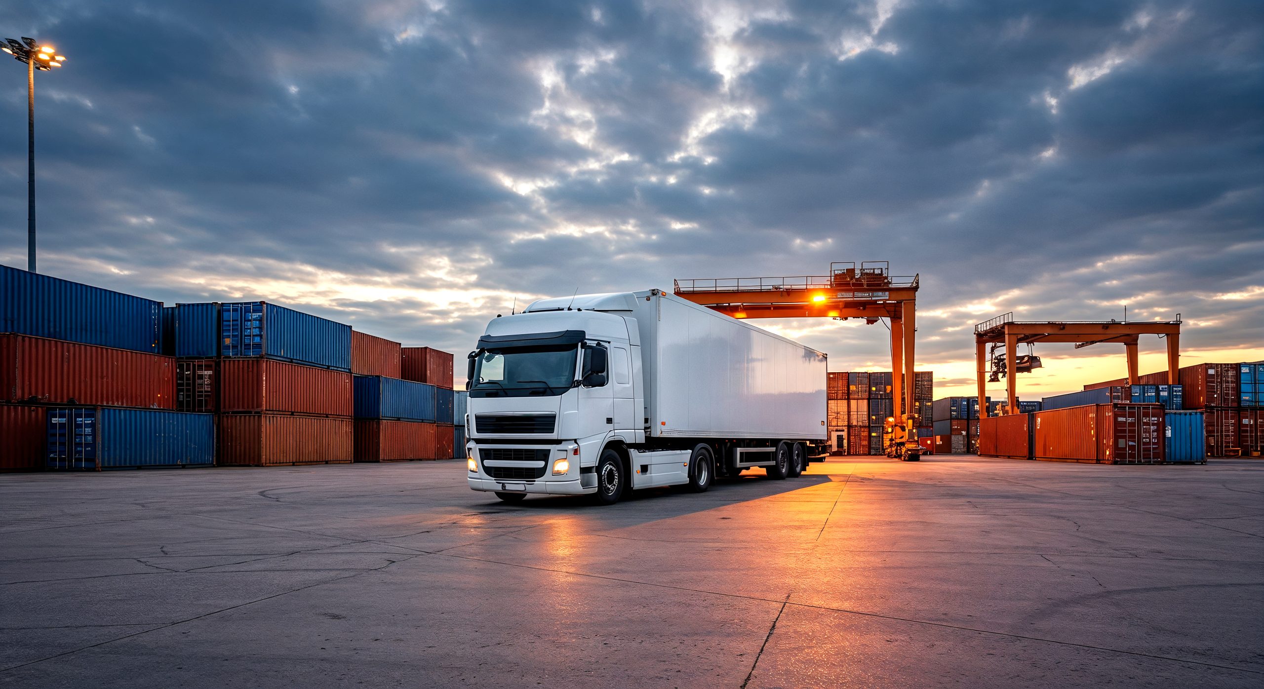 Semi truck at freight port during sunset