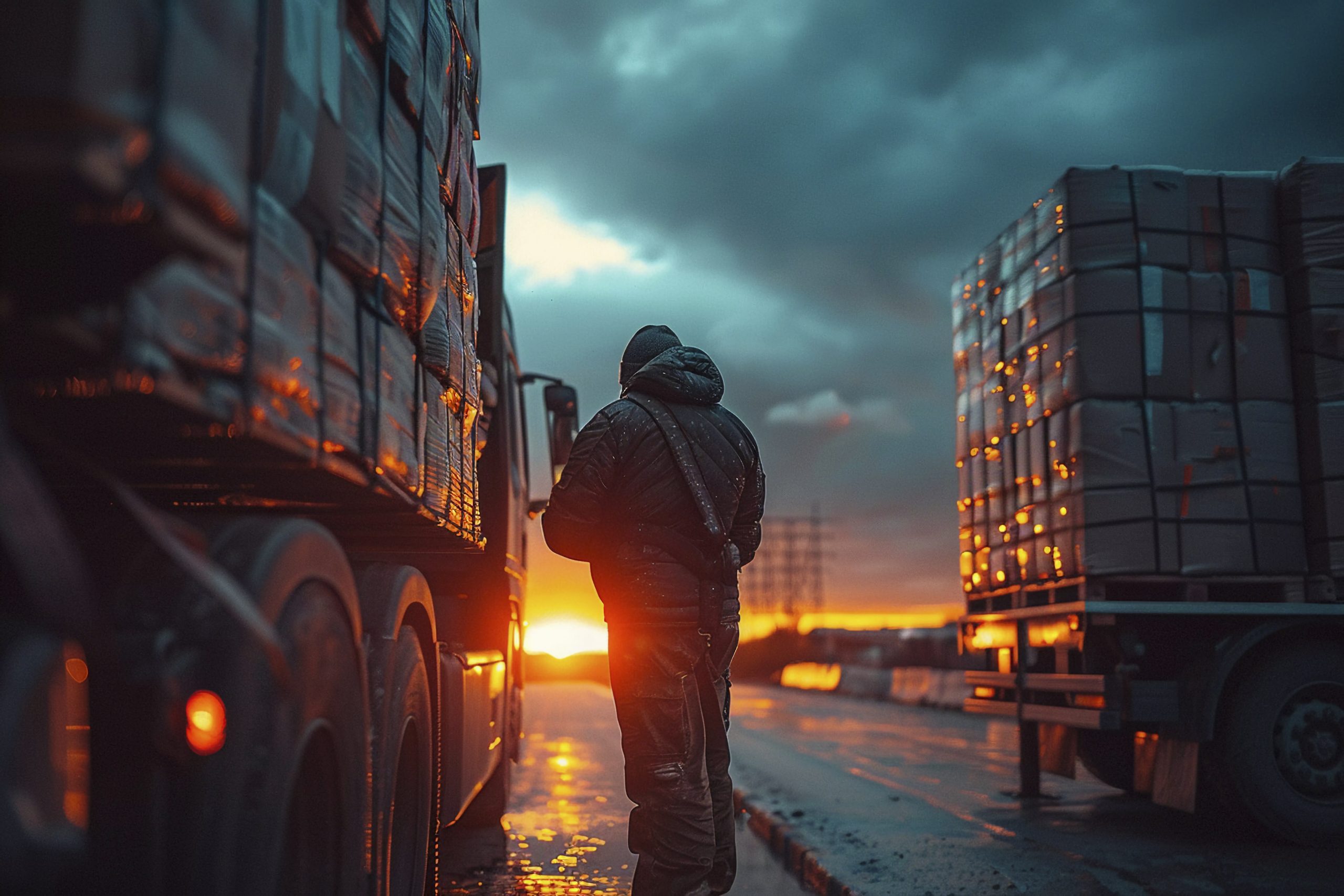 Truck logistics operations at dusk